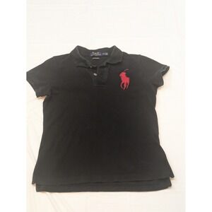Ralph Lauren Polo Shirt Women's M Black Big Pony Logo Skinny Fit Short Sleeve